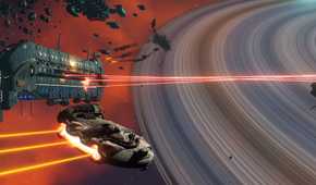 A space battle with a planet in the background