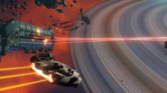 A space battle with a planet in the background