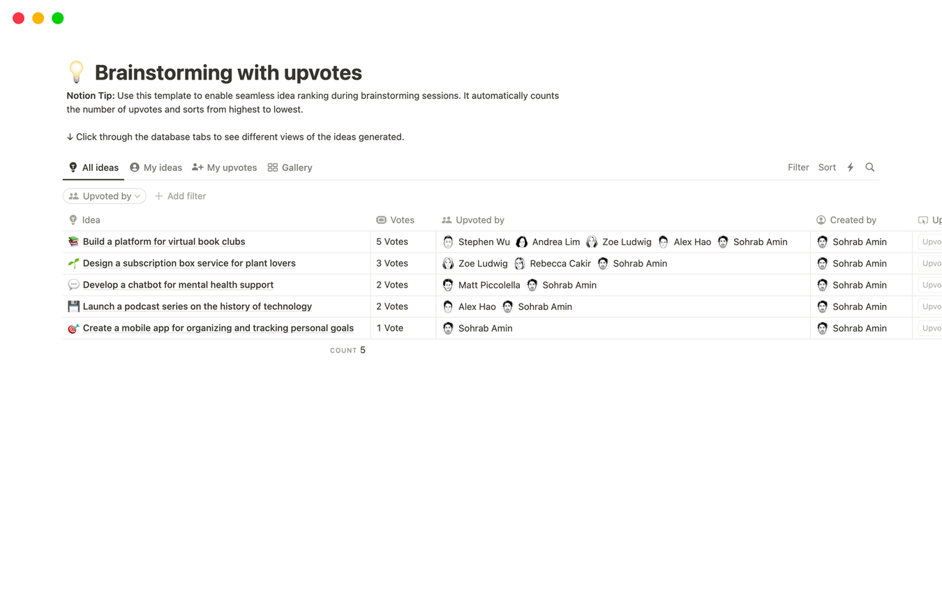 Notion brainstorming with upvotes