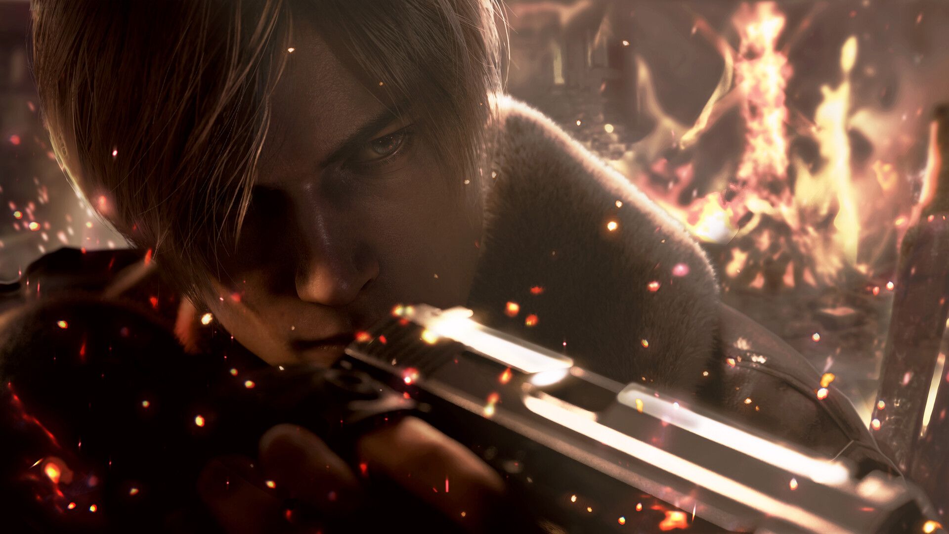 Primer plano que muestra a Leon Kennedy en Resident Evil 4