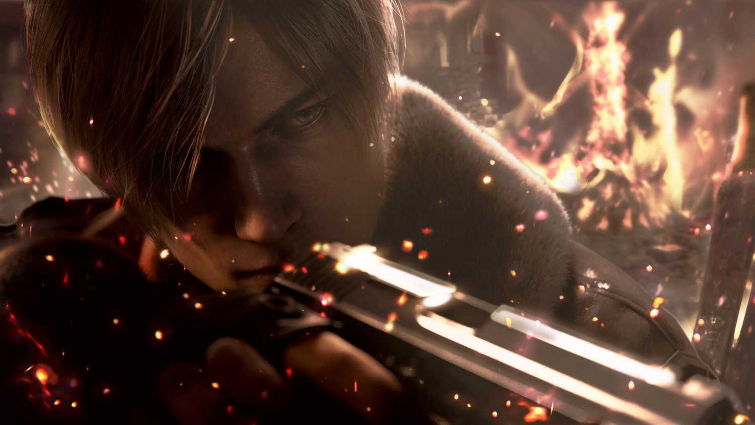 Close-up showing Leon Kennedy in Resident Evil 4