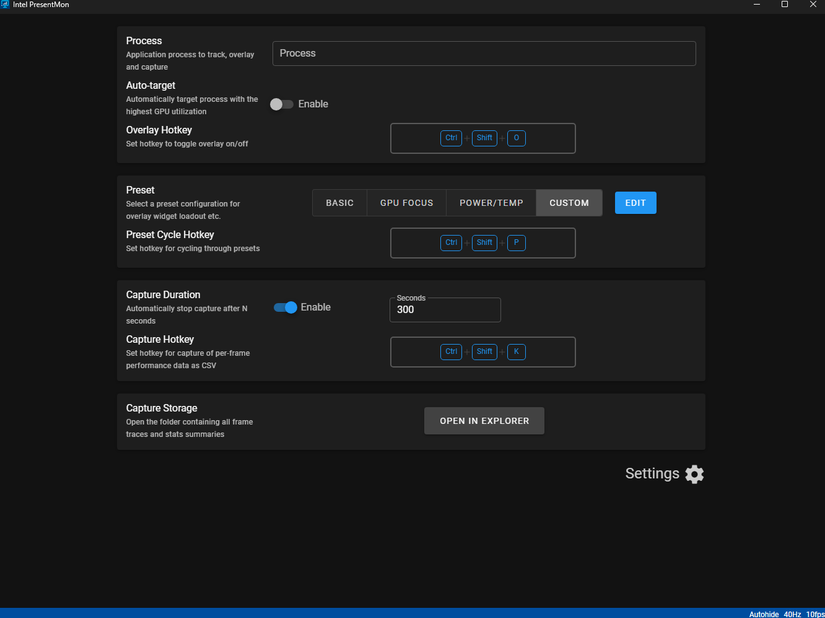 A screenshot showing settings in IntelPresentMon