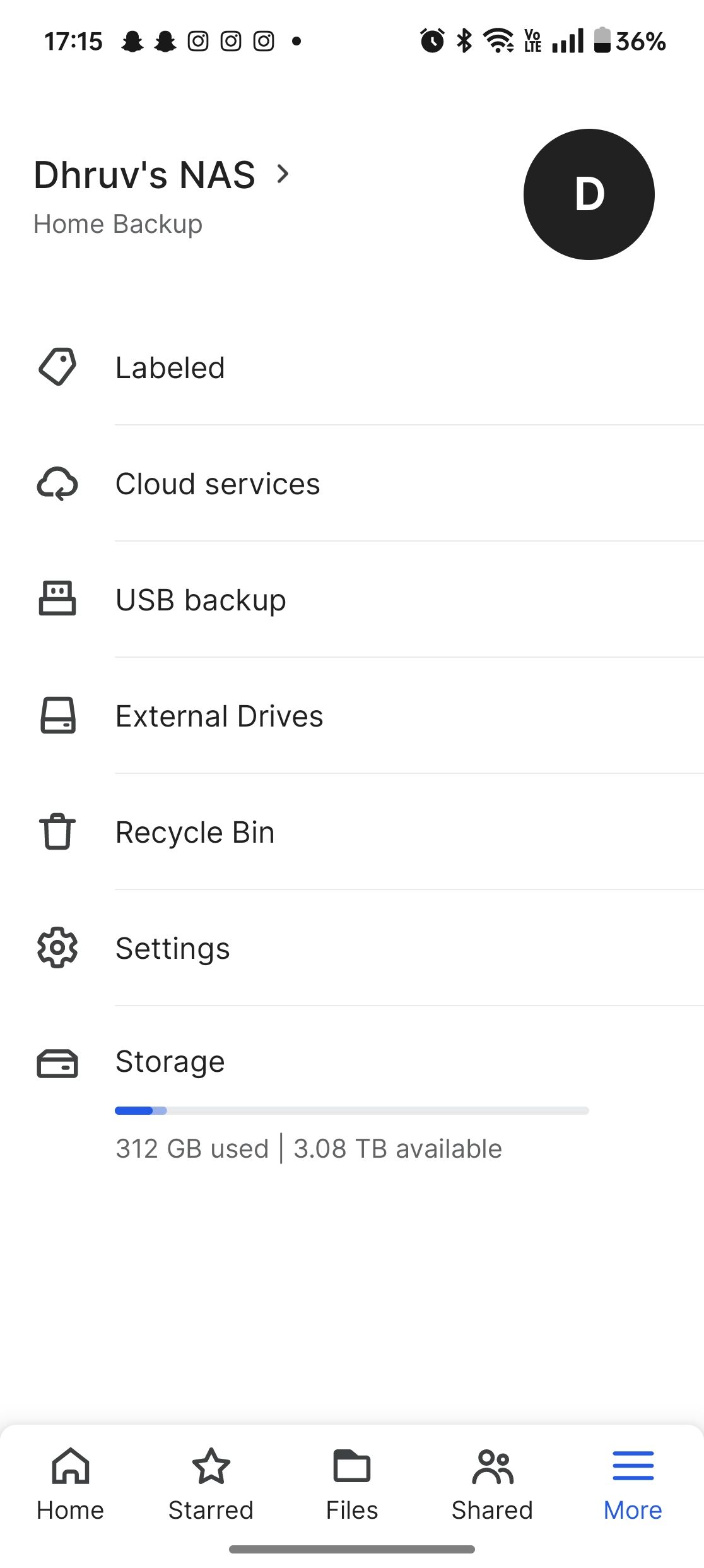 Synology BeeFiles app showing options to connect to external storage