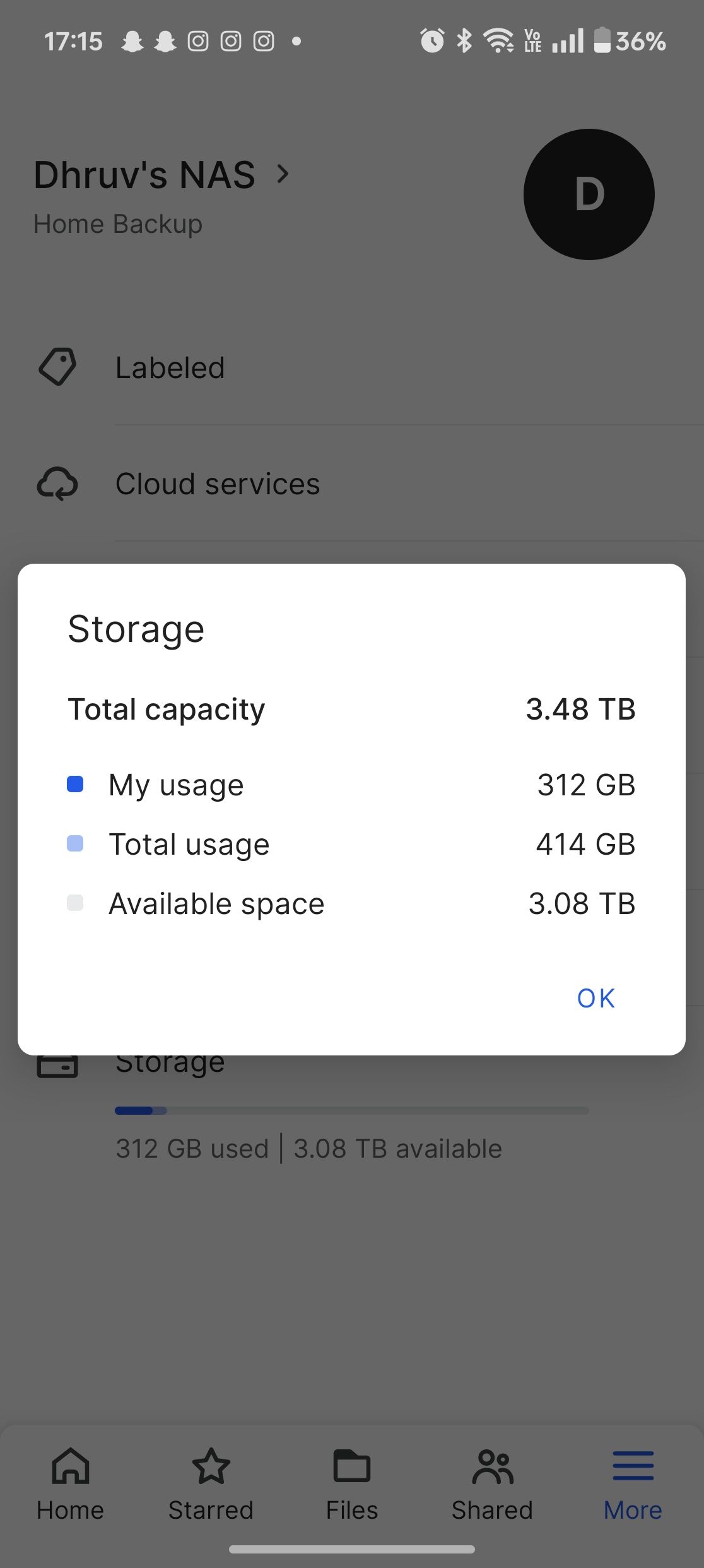 Synology BeePhotos app showing storage capacity 