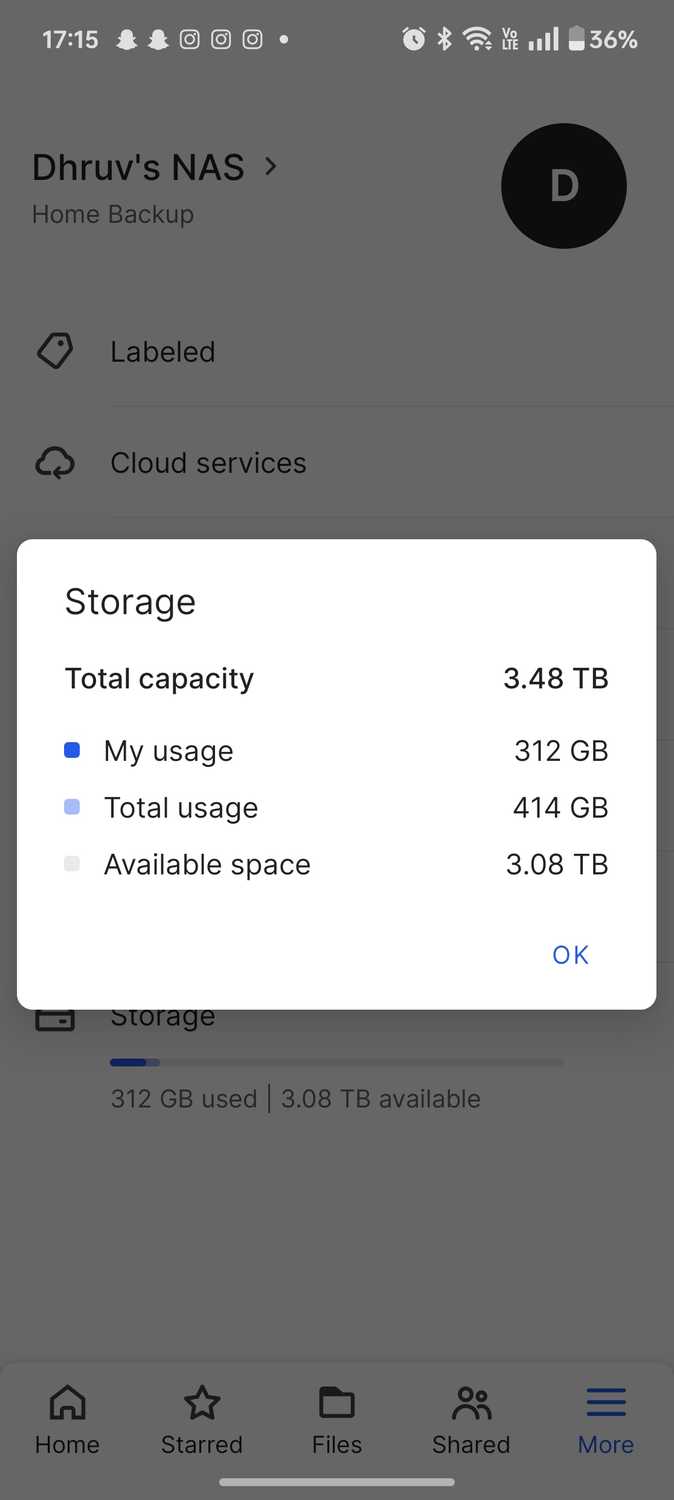 Synology BeePhotos app showing storage capacity
