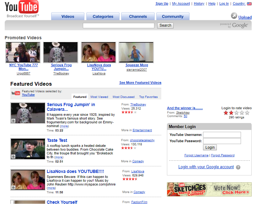 YouTube homepage in 2007