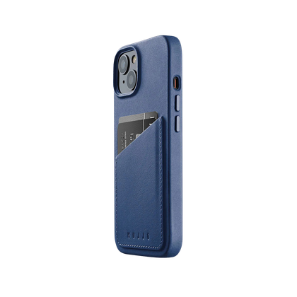 Mujjo Blue Leather MagSafe Wallet Case for iPhone 14 on transparent background