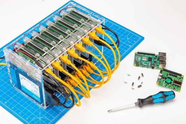 Cluster with Raspberry Pi card and screwdriver