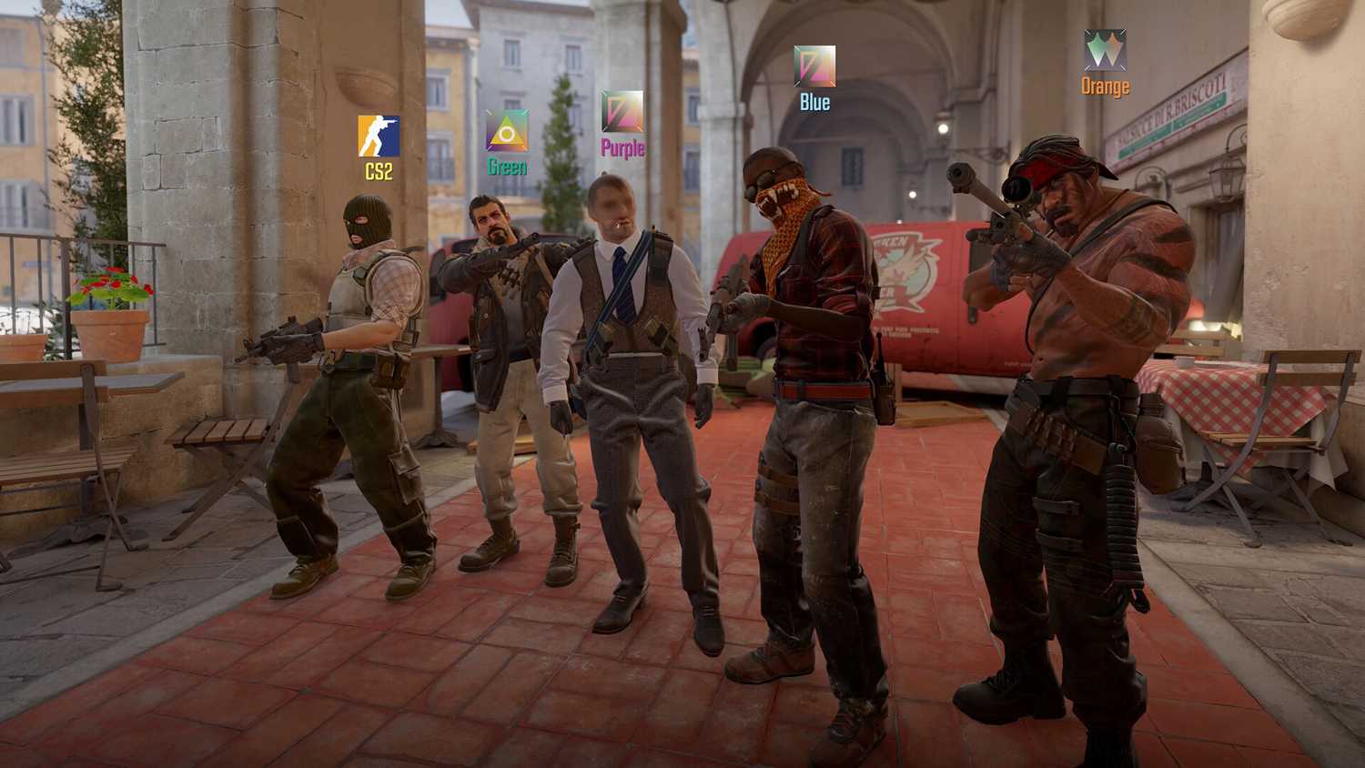 Screenshot from Counter-Strike 2 video game of five players standing together in hallway.
