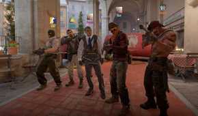 Screenshot from Counter-Strike 2 video game of five players standing together in hallway.