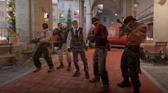 Screenshot from Counter-Strike 2 video game of five players standing together in hallway.