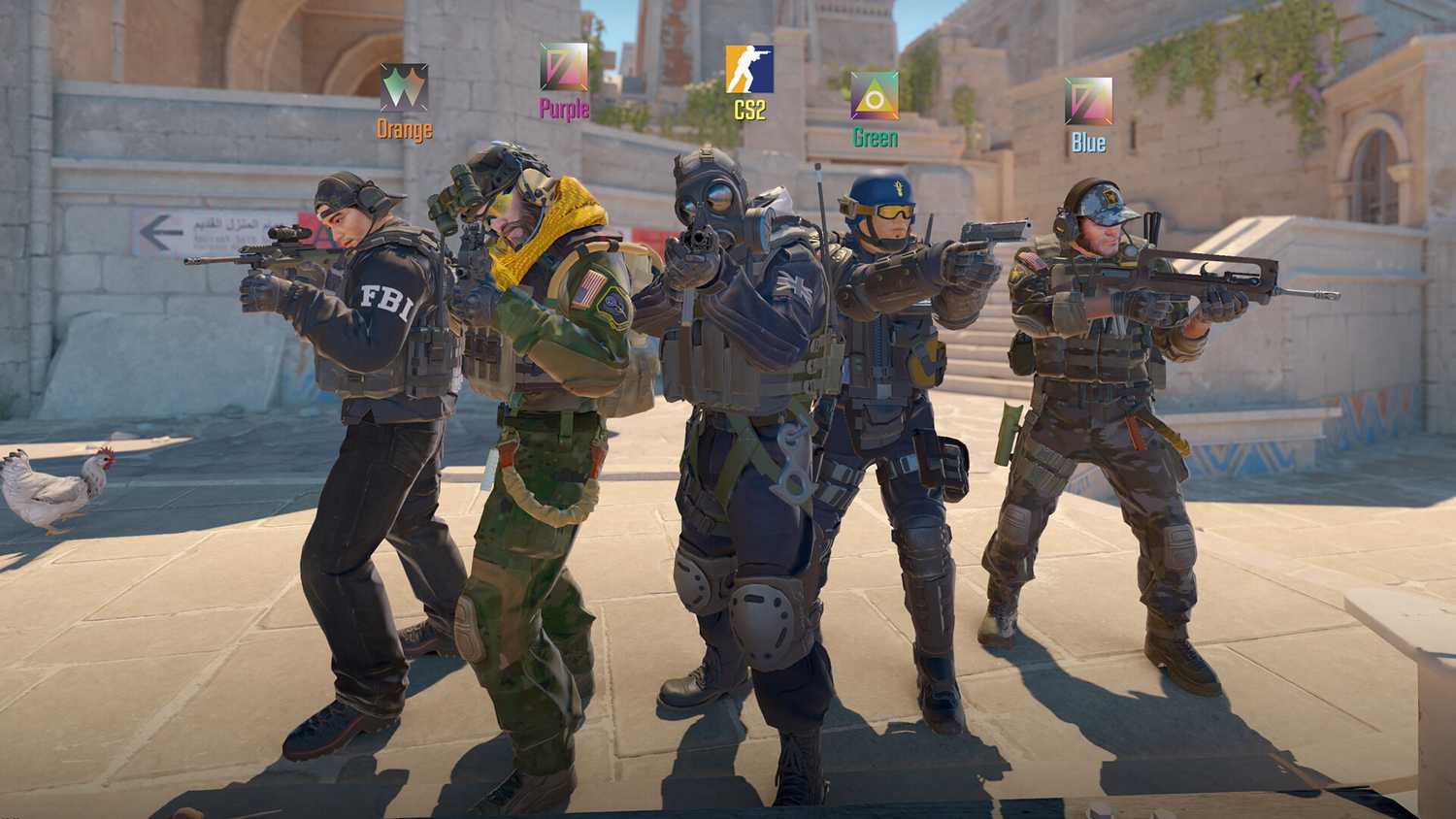 Screenshot from Counter-Strike 2 video game of five armed players standing together.