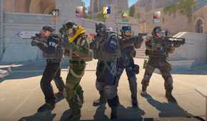 Screenshot from Counter-Strike 2 video game of five armed players standing together.