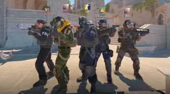 Screenshot from Counter-Strike 2 video game of five armed players standing together.