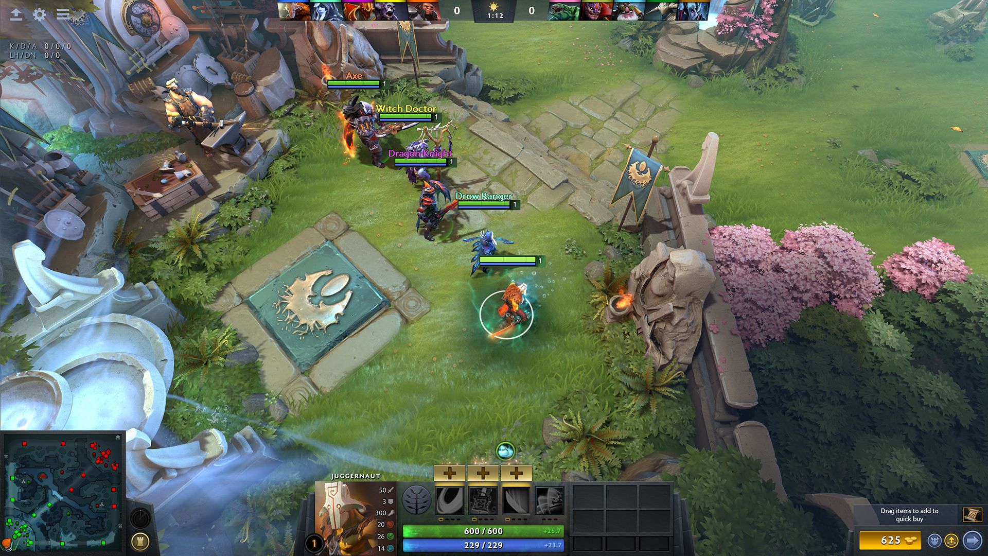 Screenshot from DOTA 2 video game with six players standing in grassy area.