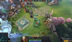 Screenshot from DOTA 2 video game with six players standing in grassy area.