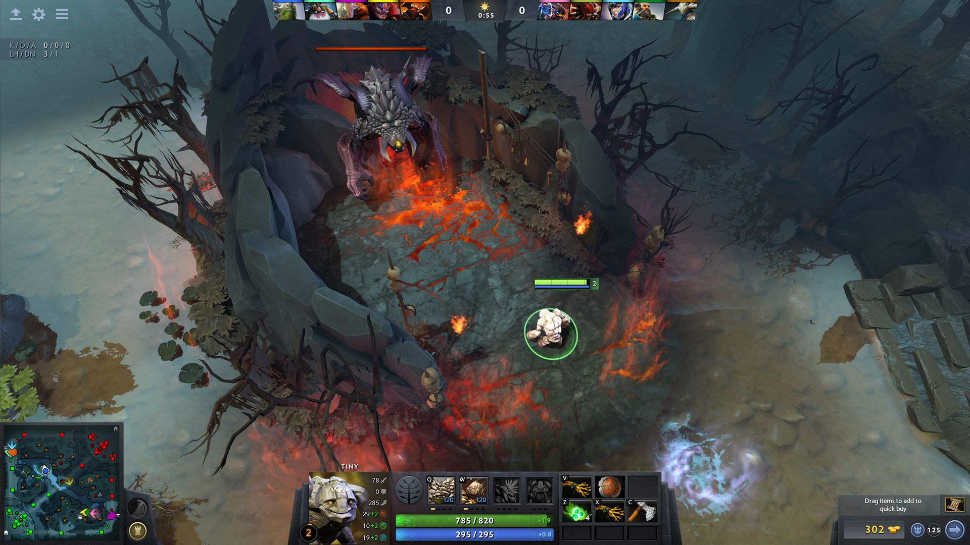 Screenshot from DOTA 2 video game of character engaging in combat in dilapidated setting.