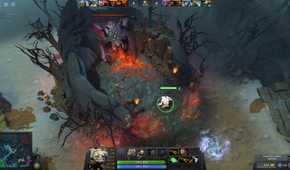 Screenshot from DOTA 2 video game of character engaging in combat in dilapidated setting.