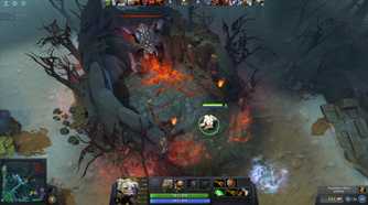 Screenshot from DOTA 2 video game of character engaging in combat in dilapidated setting.