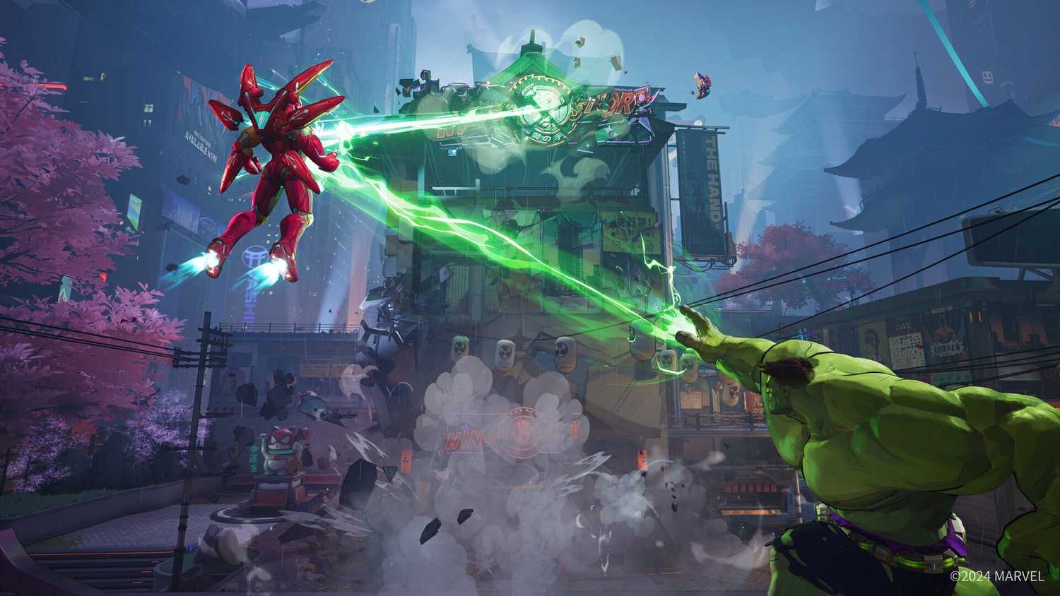 Key art for Marvel Rivals video game of two Marvel characters combining magical abilities to deliver a strong attack in marketplace setting.