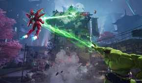 Key art for Marvel Rivals video game of two Marvel characters combining magical abilities to deliver a strong attack in marketplace setting.