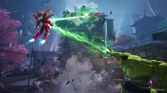 Key art for Marvel Rivals video game of two Marvel characters combining magical abilities to deliver a strong attack in marketplace setting.