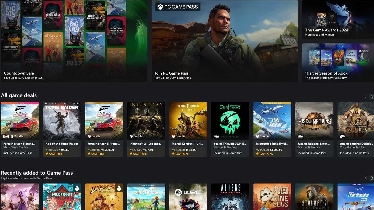 Screenshot of Xbox app showing various games