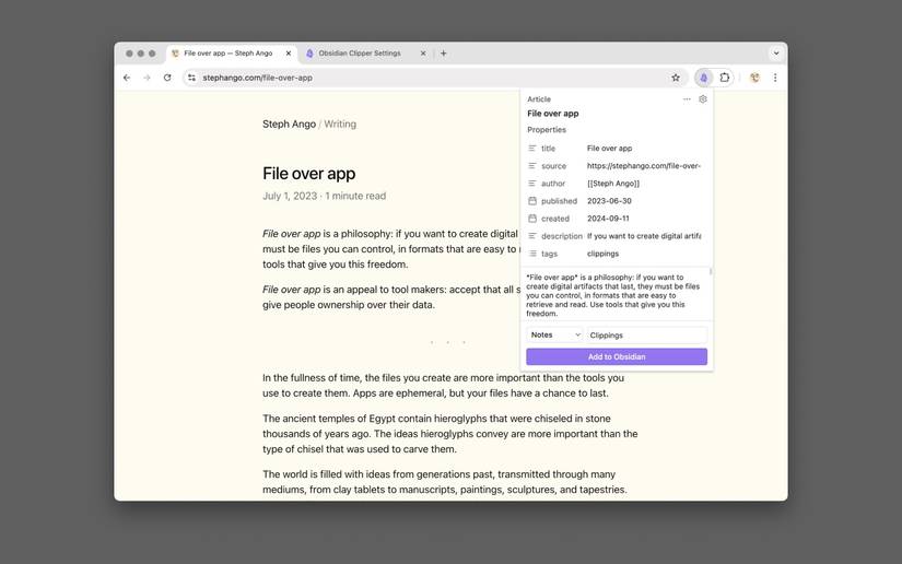Clip a webpage using Obsidian