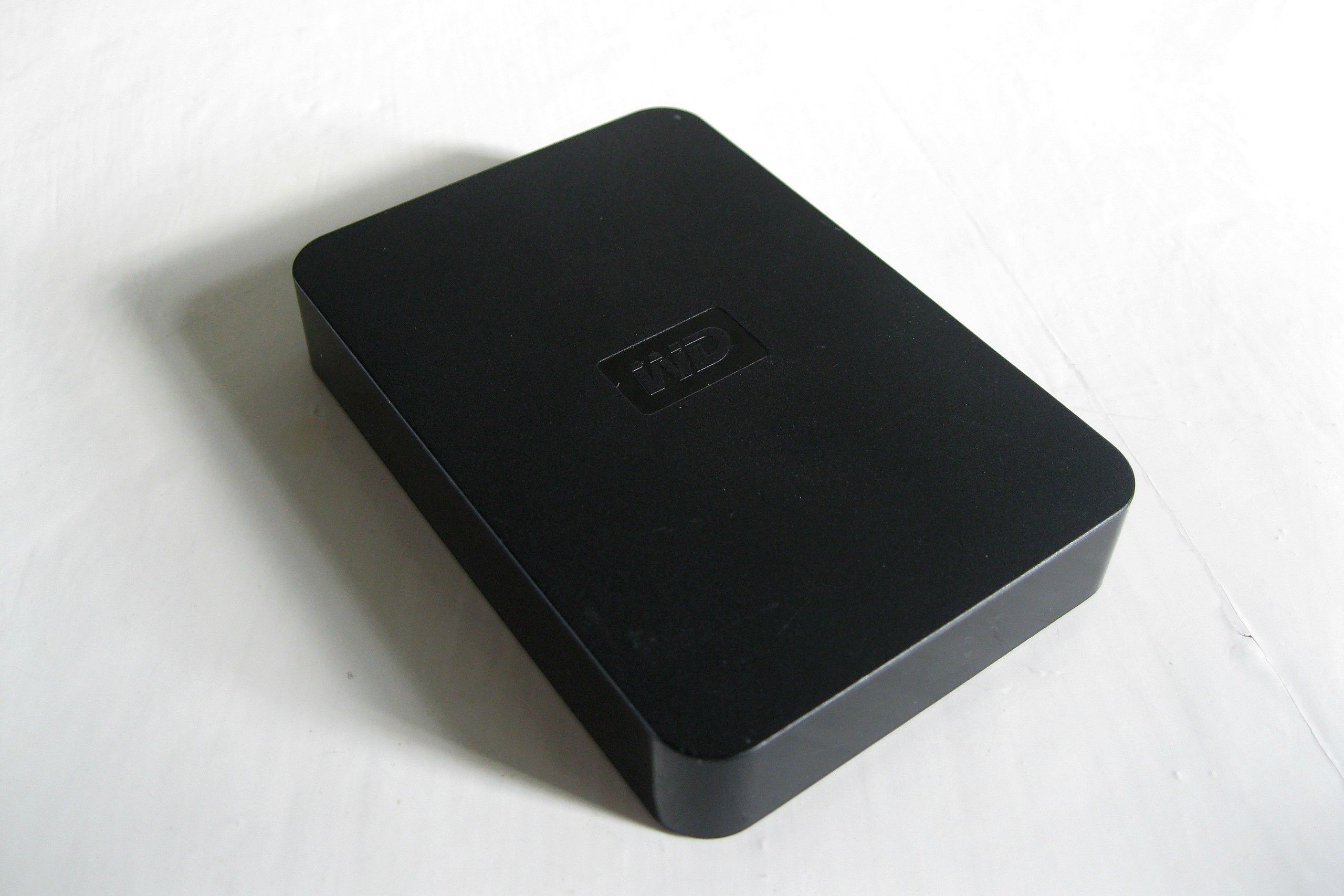 A black external hard drive from WD