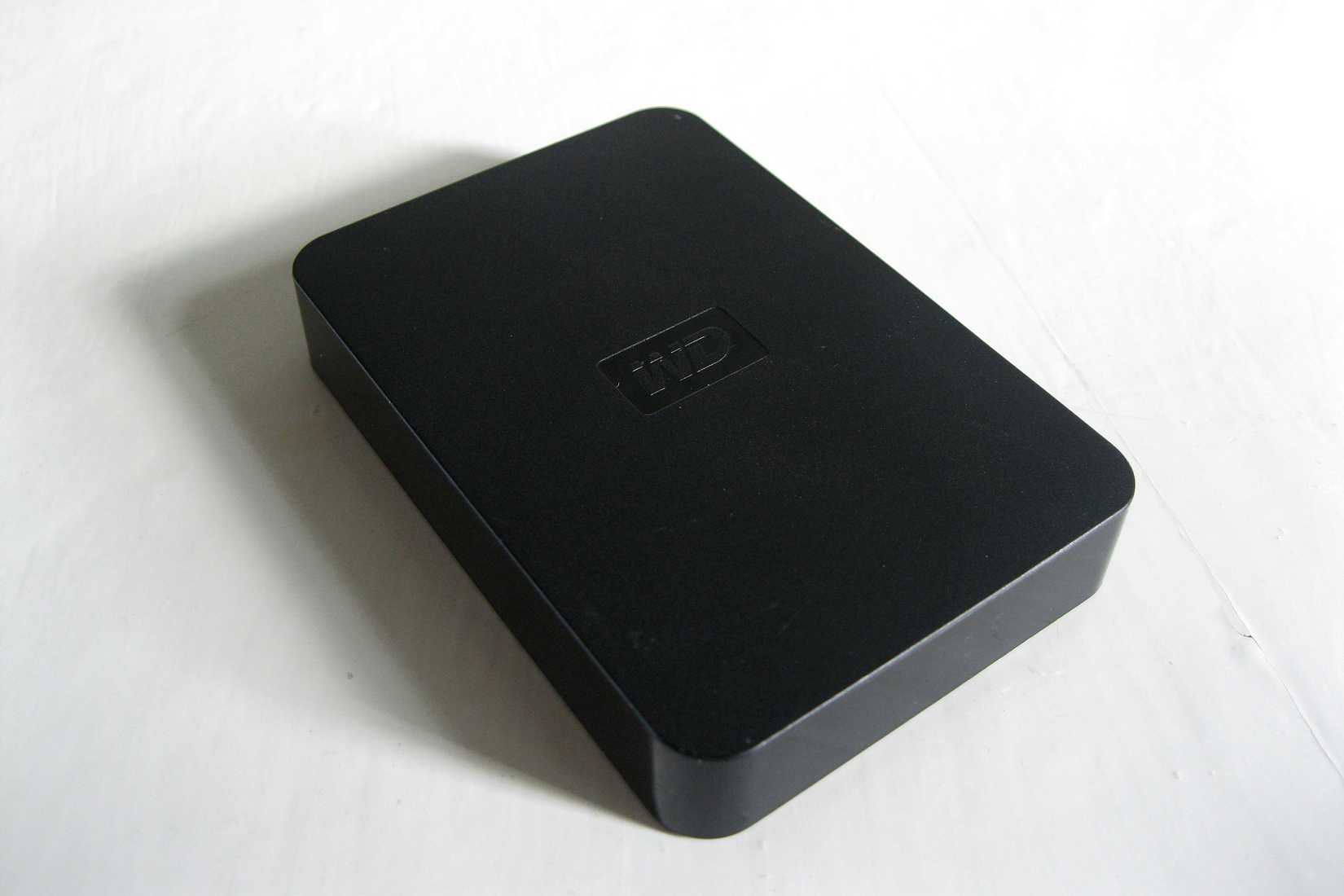 A black external hard drive from WD