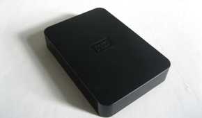 A black external hard drive from WD