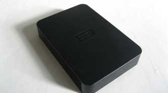 A black external hard drive from WD