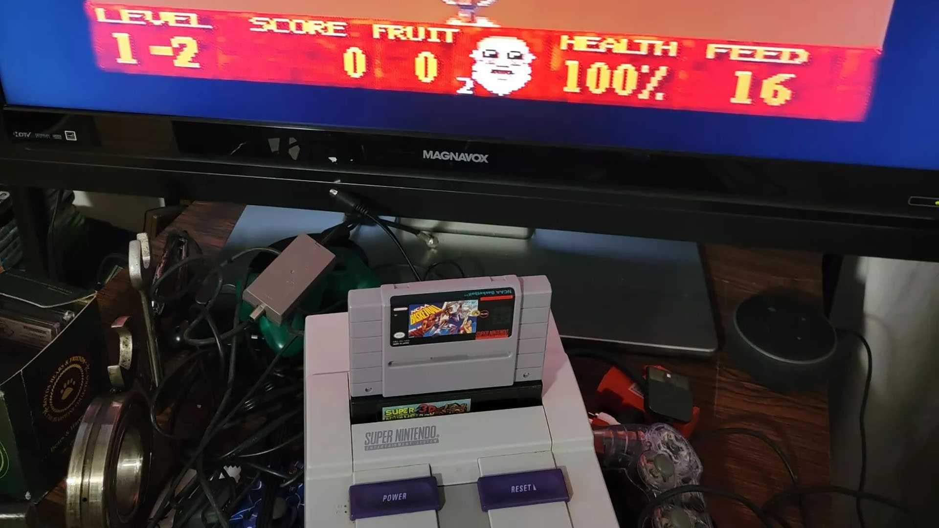 Super Noah's Ark 3D in a SNES with a licensed game cartridge attached