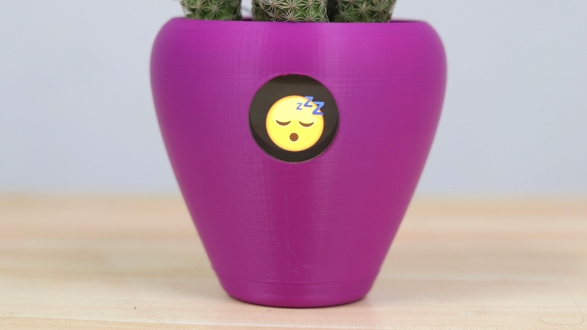 A purple flower pot with a sleeping emoji on it