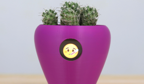 A purple flower pot with a sick emoji on it