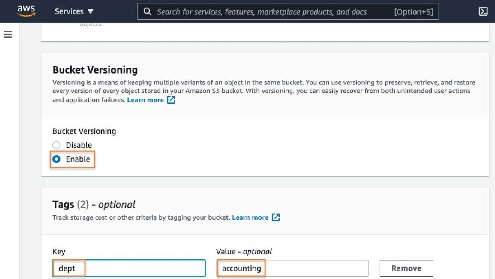screenshot of amazon s3 bucket creation