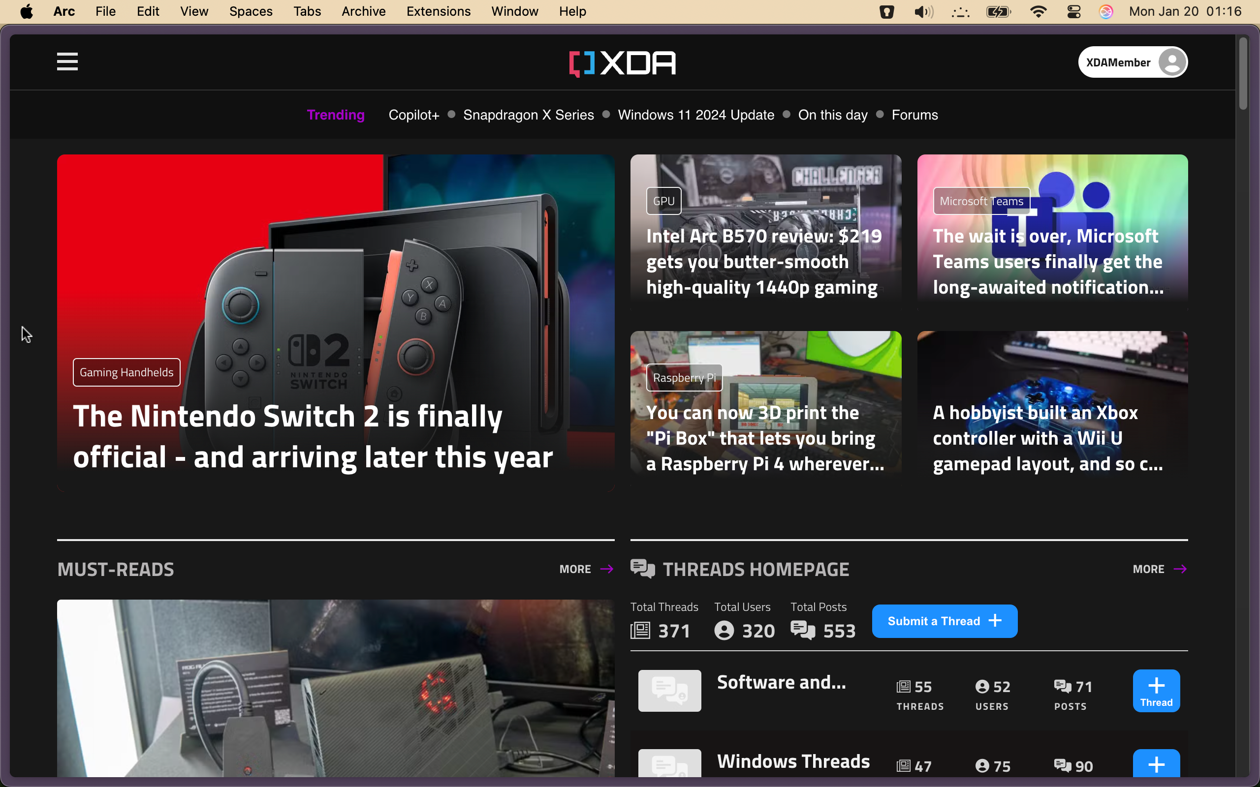 XDA website open in Arc browser for mac