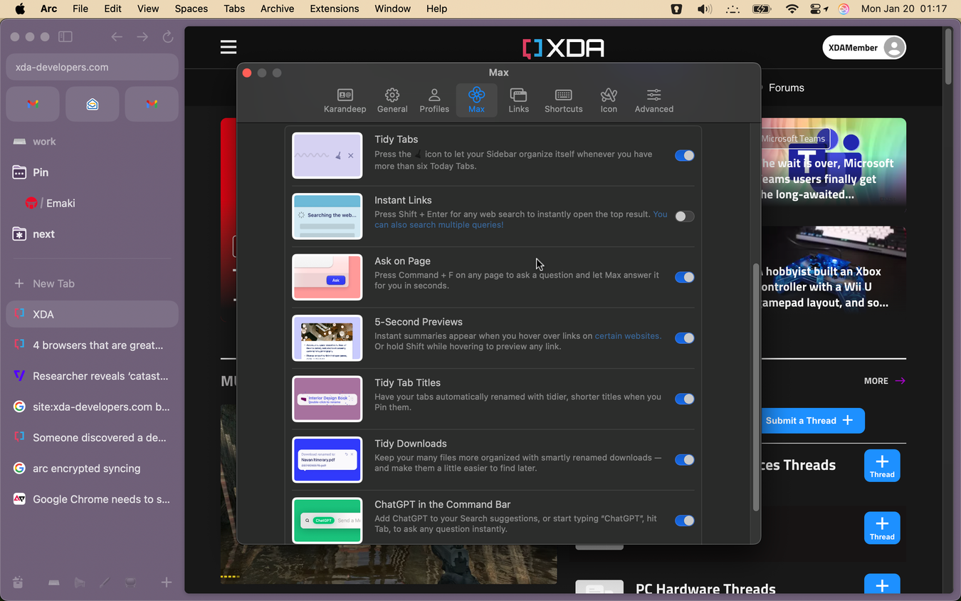 Arc browser max ai features open in settings menu