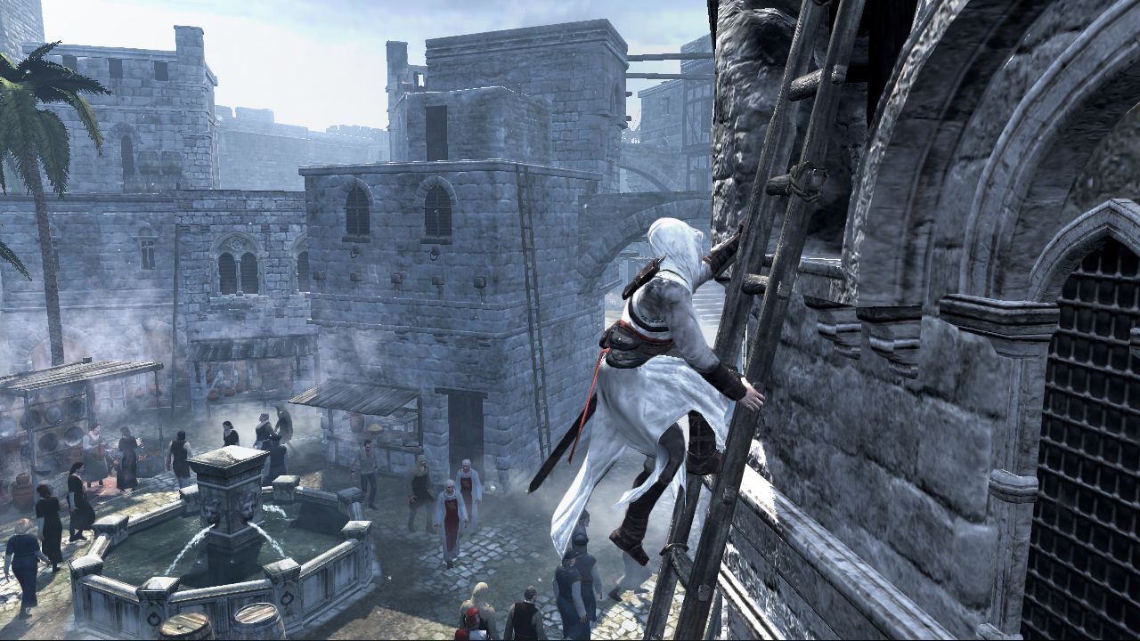 Altair climbing a ladder on the side of a building in Acre