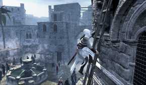 Altair climbing a ladder on the side of a building in Acre