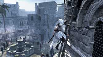Altair climbing a ladder on the side of a building in Acre