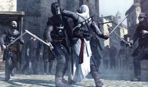 Altair fighting with templar soldiers and killing a templar knight in Acre