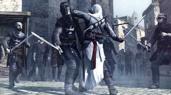 Altair fighting with templar soldiers and killing a templar knight in Acre
