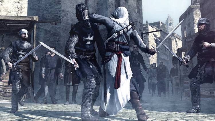Altair fighting with templar soldiers and killing a templar knight in Acre
