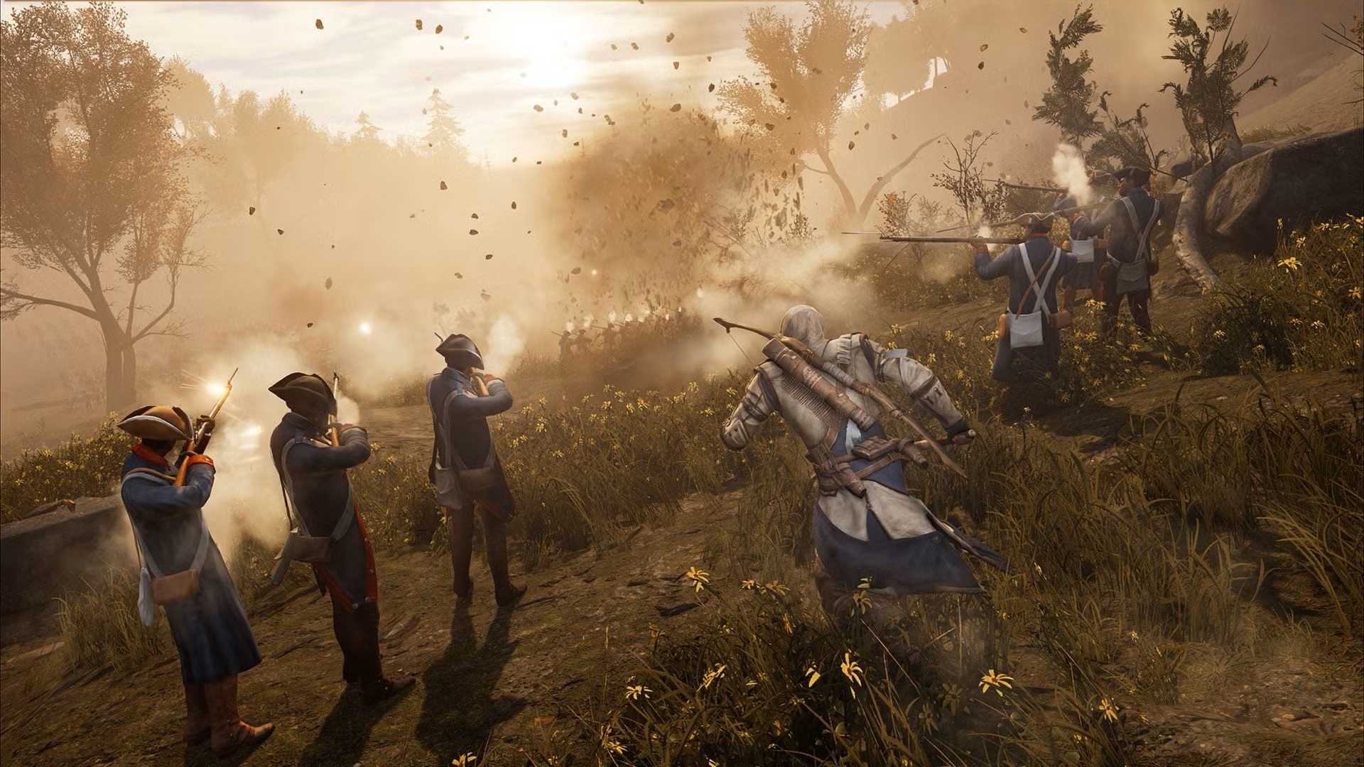 Connor running behind the line of fire in a battlefield