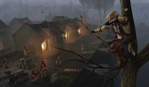Connor sitting on a tree and aiming at British soldiers with a bow
