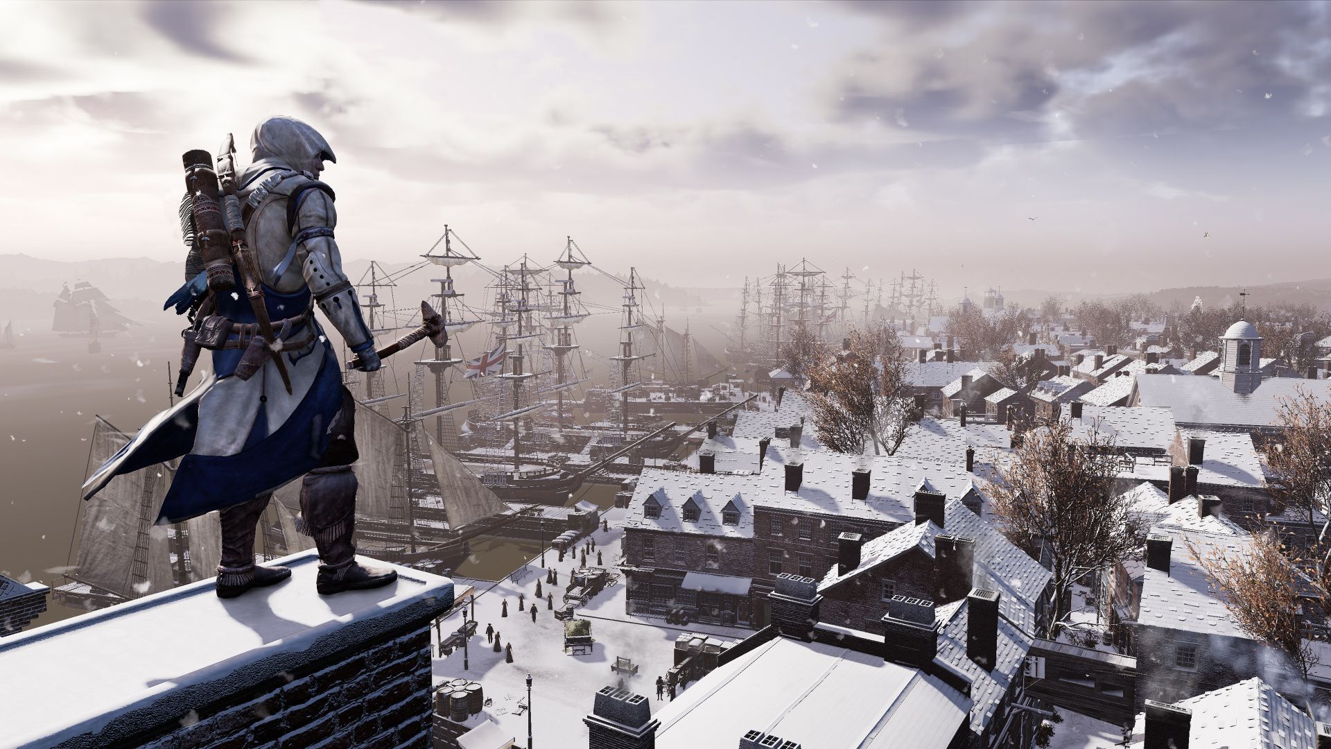 Connor looking at a snowy town from a rooftop