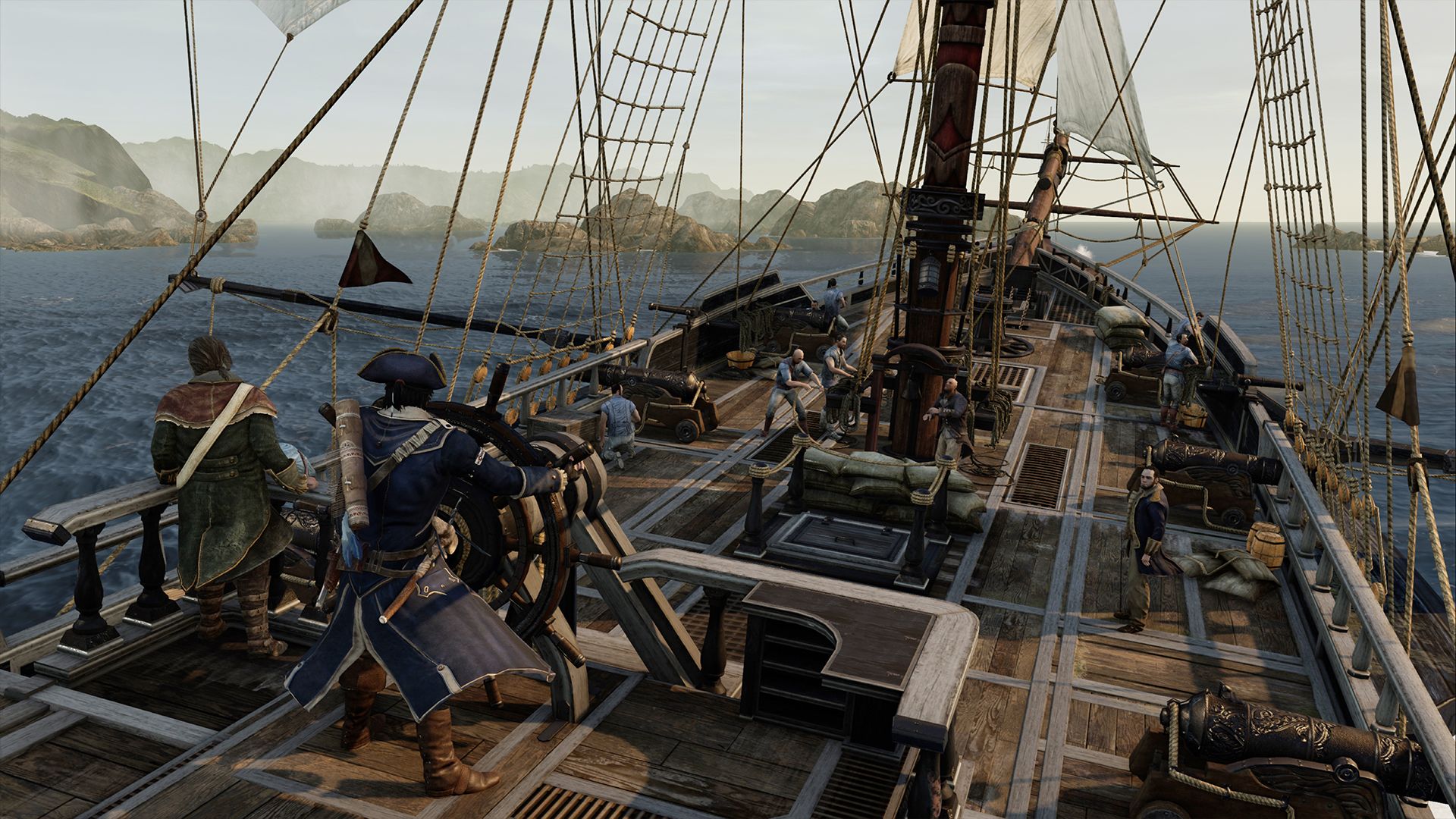 Haytham steering a ship in a sea