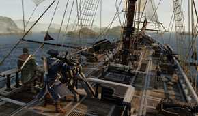 Haytham steering a ship in a sea