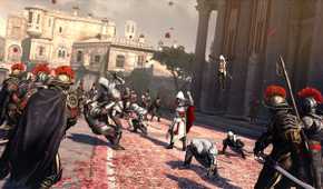 Ezio and and his companion assassins fighting guards in a Roman piazza